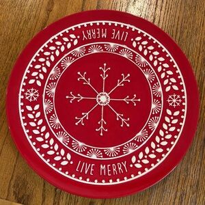 Hallmark Red “Live Merry” Holiday Plate with Raised Snowflake Design